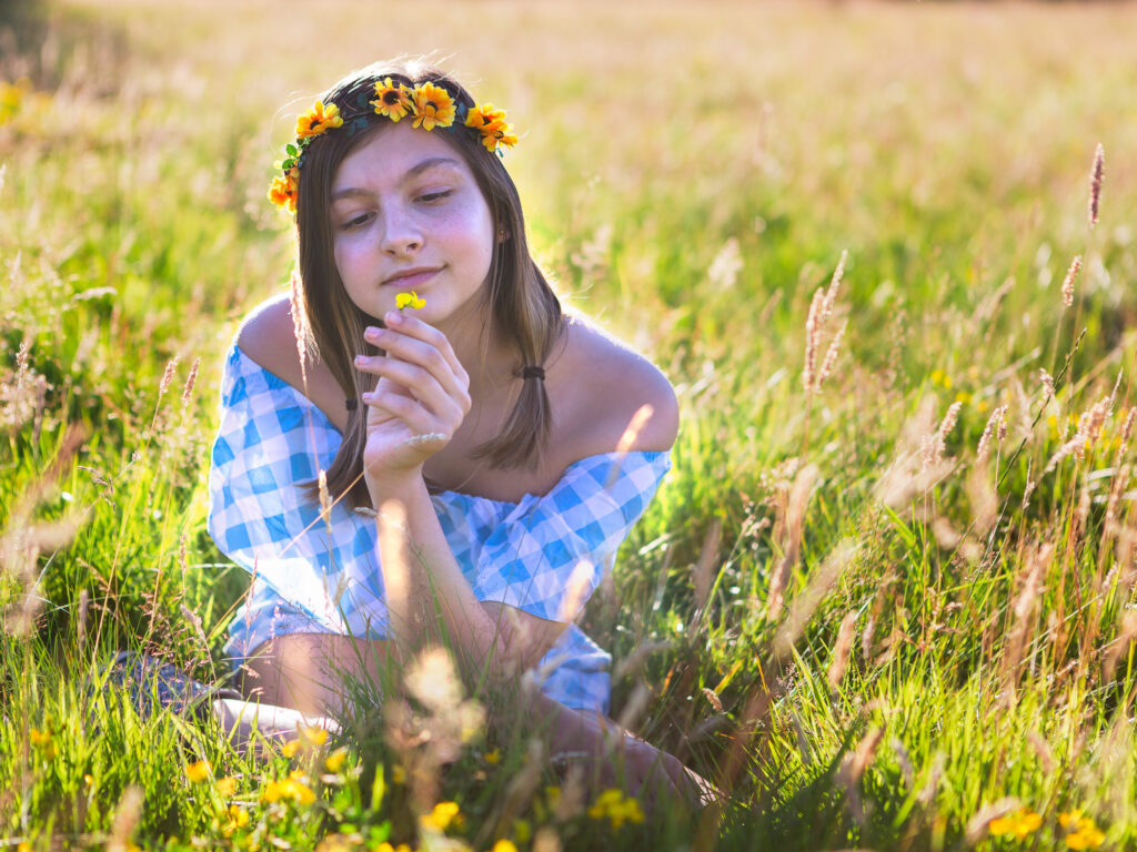 Girl in field with sunflower crown - Family portrait photographer - Walsall Wolverhampton and West Midlands - Jo Buckley Photography