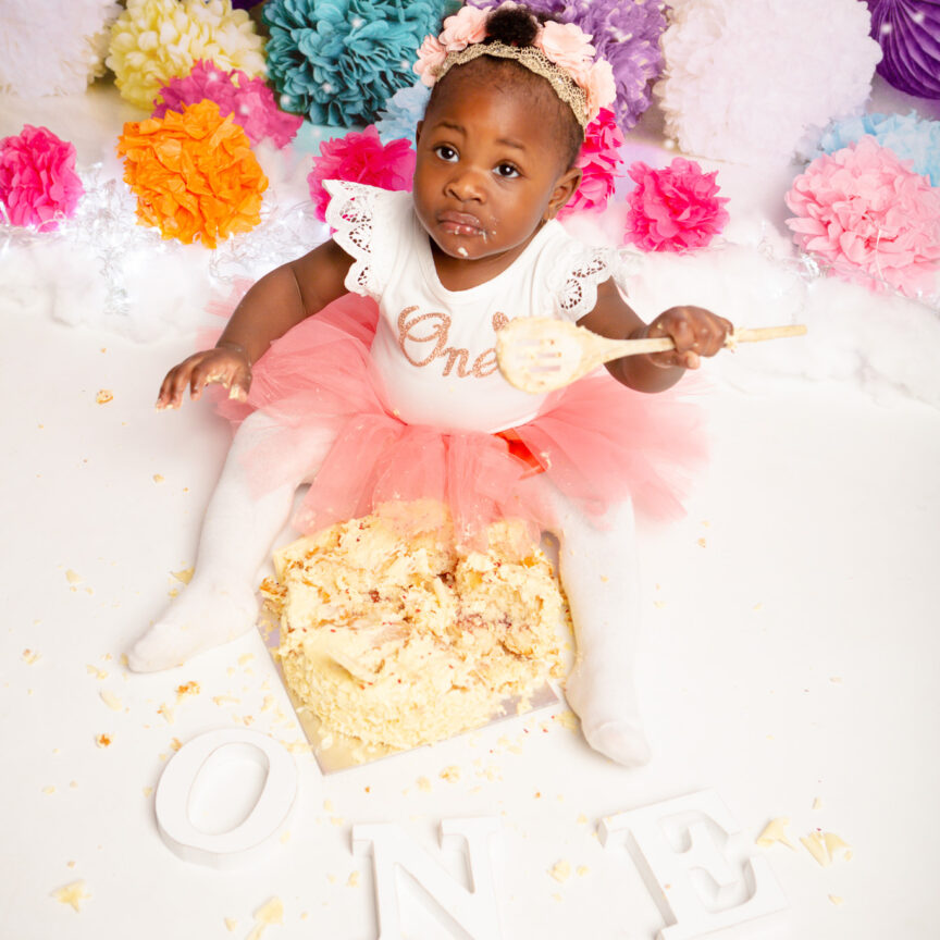 Overhead shot of 1 year old eating cake - Cake Smash Photography - Walsall Wolverhampton and West Midlands - Jo Buckley Photography