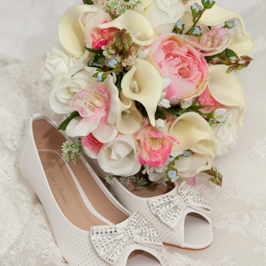 Close up of wedding shoes and bouquet - Wedding Photography - Walsall Wolverhampton and West Midlands - Jo Buckley Photography